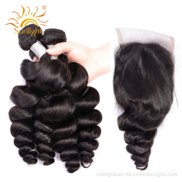 Sunlight Indian/brazilian cuticle aligned Virgin Hair Loose Wave 4 Bundles With lace Closure extension 7A hair bundle cheap hair